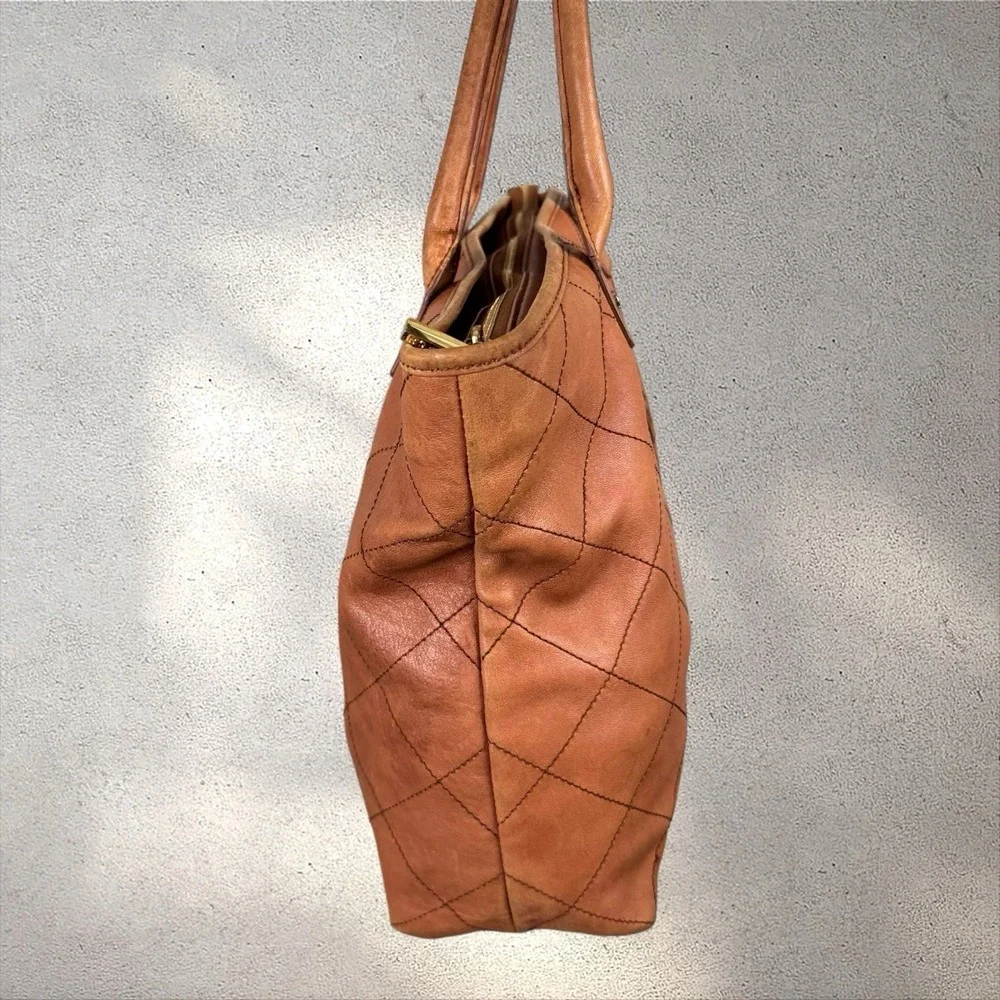 Tory Burch Jaden Quilted Leather‎ Tote Bag Purse Cognac Brown